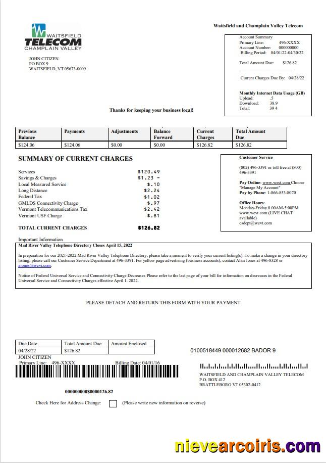 USA Waitsfield Telecom utility bill